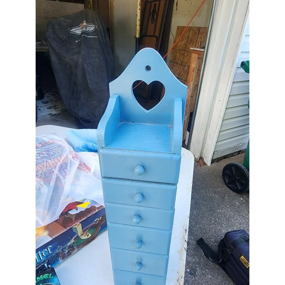 Vintage Blue 6 Drawer Wooden Heart Spice Cabinet What Not Shelf,  Heart Cutout,